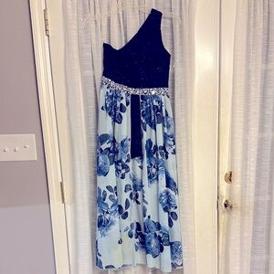 Elegant Blue Floral One-Shoulder Kids Dress